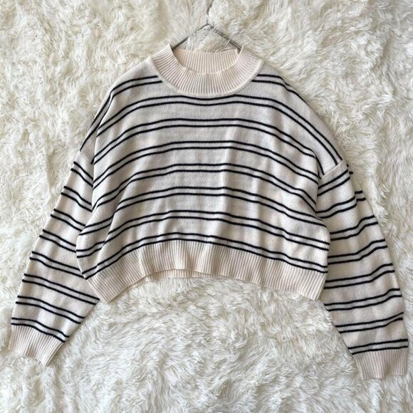 Mockya Neck Striped Short Knit XL White x Navy - Picture 1 of 6